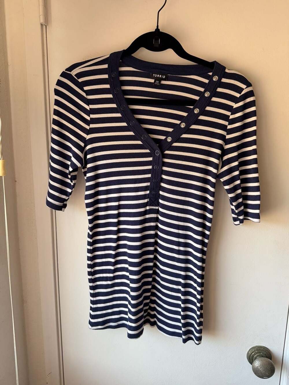 Torrid Blue and White Striped Ribbed Henley Elbow Sleeve Top Size 00